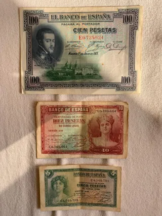 Billetes antiguos de España: 100, 10 y 5 Pesetas