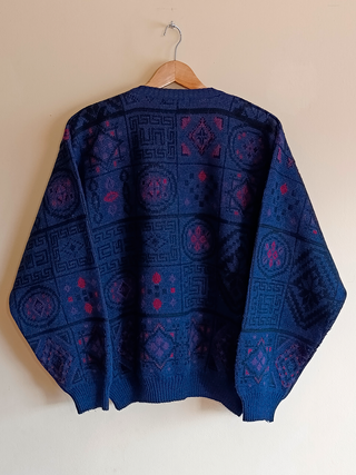 Vintage Geometric Knit V-Neck Sweater Retro 90s XL