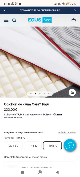 Colchón cuna Care Pigü 140 x 70 Ecus Kids