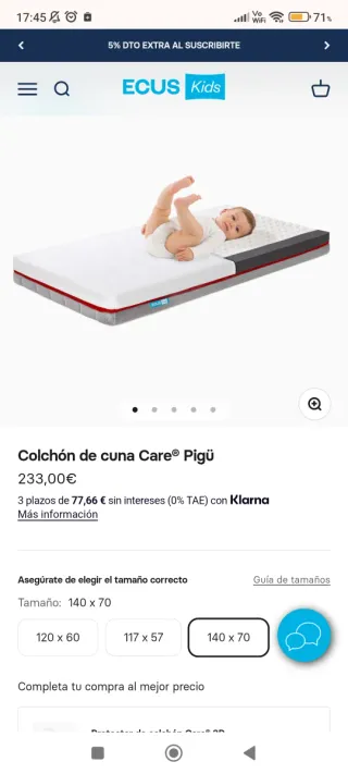 Colchón cuna Care Pigü 140 x 70 Ecus Kids