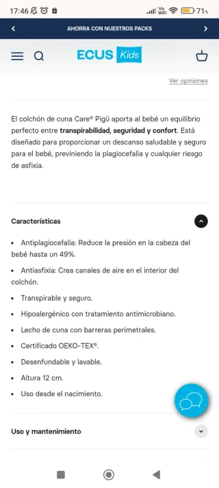 Colchón cuna Care Pigü 140 x 70 Ecus Kids