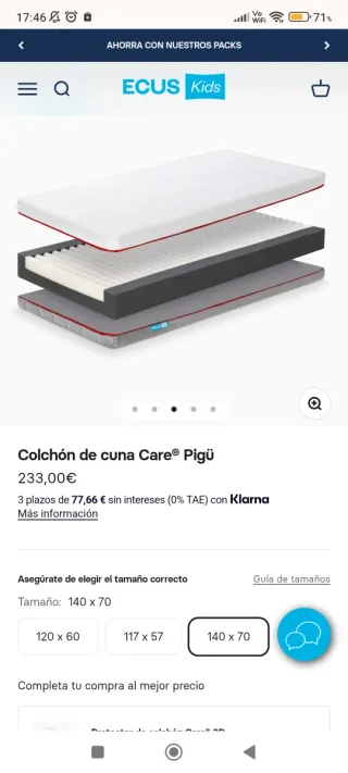 Colchón cuna Care Pigü 140 x 70 Ecus Kids