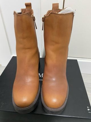 Botas de piel camel tacón ancho, t37 Suela de goma