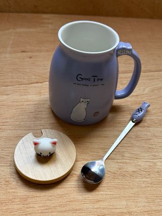 Taza cerámica gato con tapa y cuchara