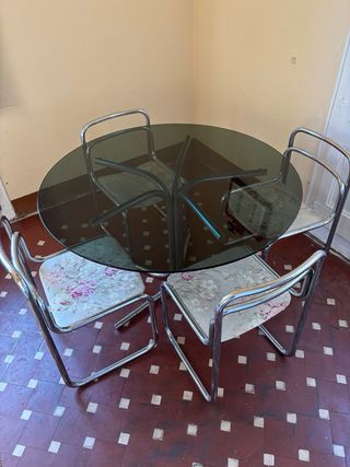 Conjunto Comedor Vintage Mesa Cristal y 4 sillas