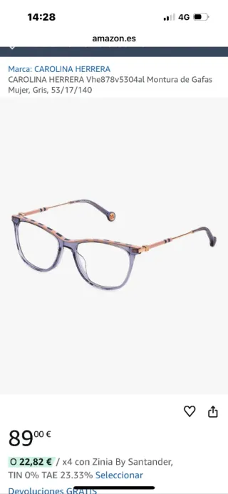 Montura Gafas Carolina Herrera Mujer Gris