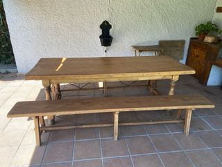 Mesa y 2 bancos madera maciza pino Meli