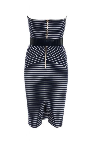 Vestido Michael Kors sin tirantes rayas y cinturón