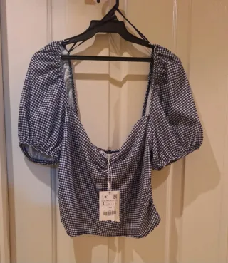Top Zara Cuadros Vichy Negro Blanco Talla L