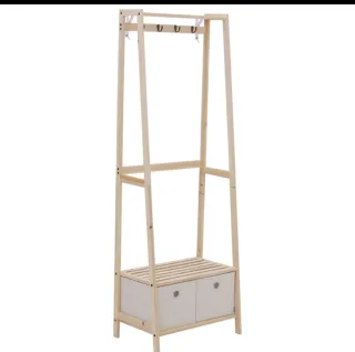 Perchero de madera con zapatero y cajones