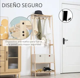 Perchero de madera con zapatero y cajones