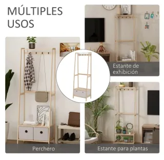 Perchero de madera con zapatero y cajones