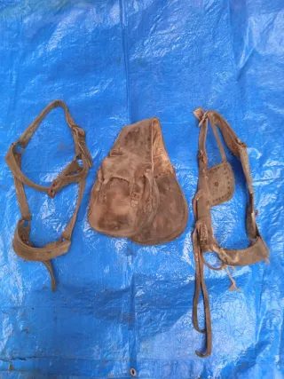 Cabezadas de mulas de cuero y alforjas
