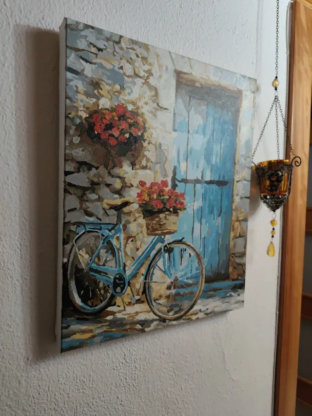 Cuadro pintado a mano bicicleta azul.  40 x 50 cm
