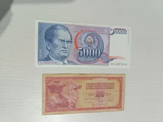 Billetes Yugoslavia 5000 y 100 Dinara