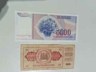 Billetes Yugoslavia 5000 y 100 Dinara