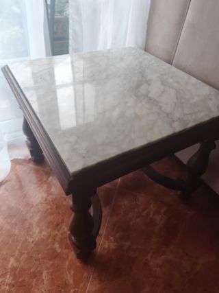 Mesa auxiliar madera y mármol. Conjunto de dos