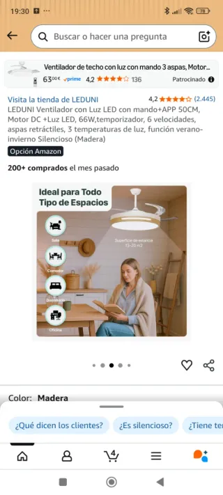 Lámpara Ventilador LEDUNI Madera Blanca