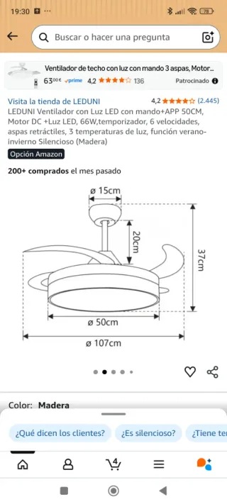 Lámpara Ventilador LEDUNI Madera Blanca