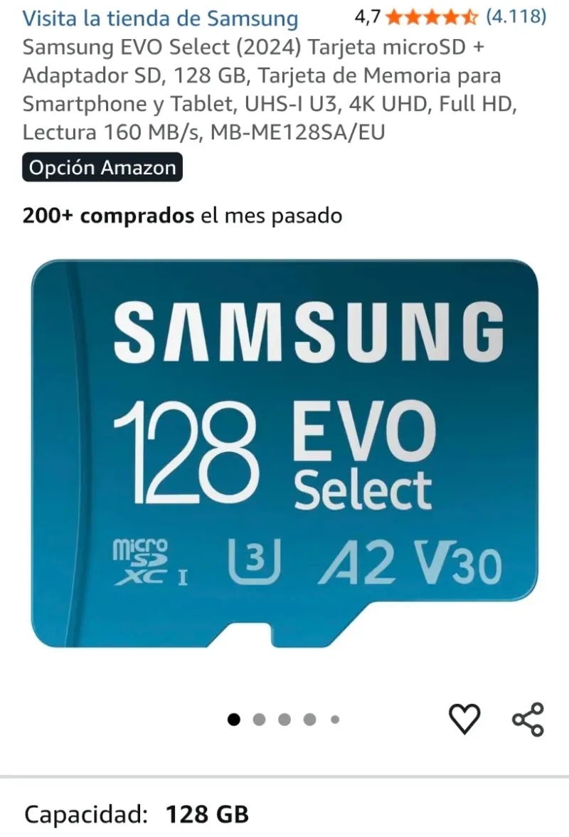 Tarjeta microSD Samsung EVO Select 128GB + Adaptad