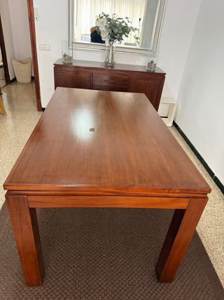 Mesa salon madera teca y cristal con 4 cajones