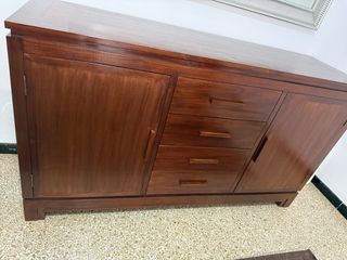 Mesa salon madera teca y cristal con 4 cajones