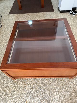 Mesa salon madera teca y cristal con 4 cajones