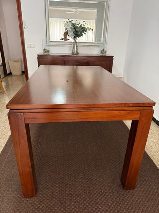 Mesa salon madera teca y cristal con 4 cajones