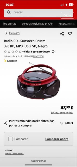 Reproductor CD USB MP3 Sunstech