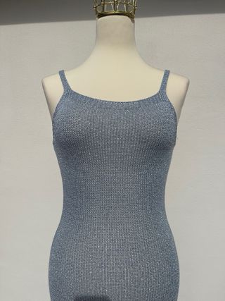 Vestito maglia lurex blu con fiocco