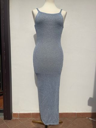 Vestito maglia lurex blu con fiocco