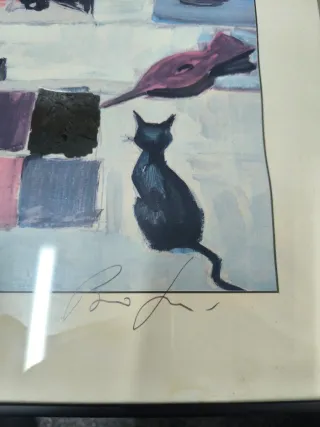Lámina enmarcada de chimenea y gato