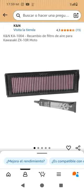 Filtro K&N Alto Flujo para Kawasaki zx10r 2006