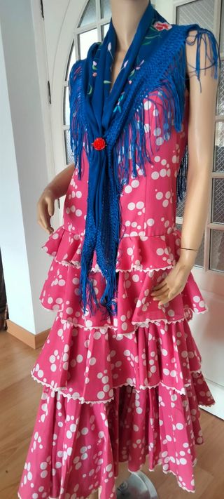 Traje Flamenca Fucsia Lunares Blanco T.46-48