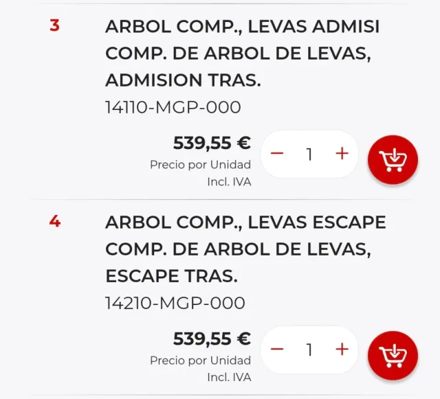 Árboles de levas Honda CBR 1000RR