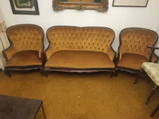 Conjunto Tresillo Vintage Terciopelo Dorado