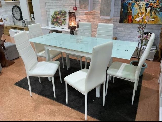 Mesa extensible cristal templado y 6 sillas
