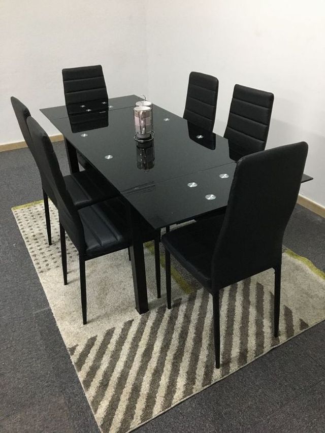 Mesa extensible cristal templado y 6 sillas
