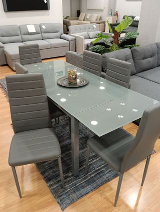 Mesa extensible cristal templado y 6 sillas