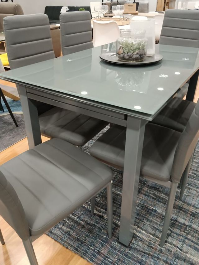 Mesa extensible cristal templado y 6 sillas