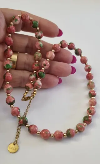 Collar Jaspe Natural Piedras Rosas y Verdes