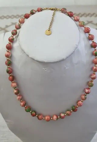 Collar Jaspe Natural Piedras Rosas y Verdes