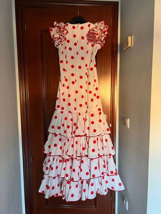 Traje Mujer Flamenca Blanco con Lunares Rojos