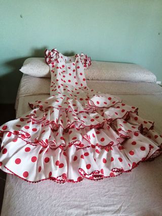 Traje Mujer Flamenca Blanco con Lunares Rojos