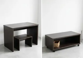Conjunto mesa y banqueta madera oscura