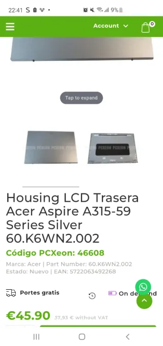 Carcasa portátil Acer