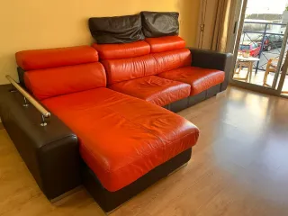 Sofá Chaise Longue de Piel Naranja y Marrón