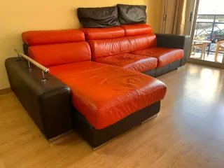 Sofá Chaise Longue de Piel Naranja y Marrón