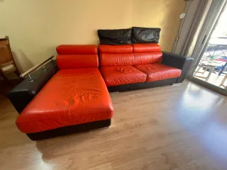 Sofá Chaise Longue de Piel Naranja y Marrón