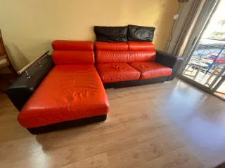 Sofá Chaise Longue de Piel Naranja y Marrón